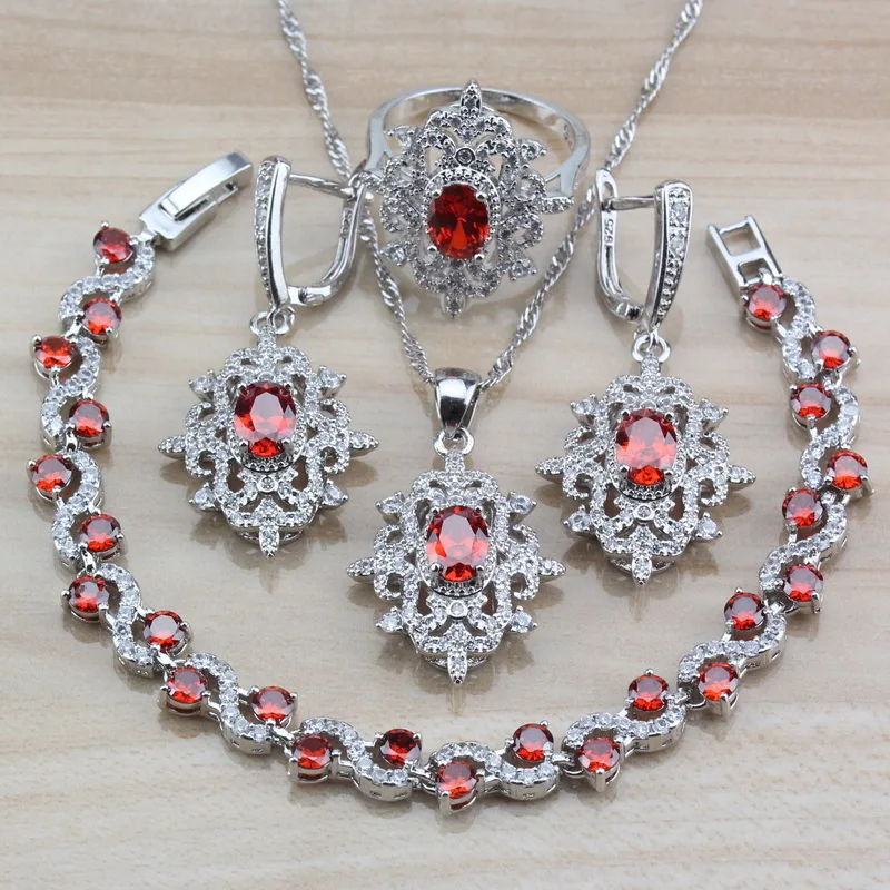 Высокое качество Красный Гранат CZ серьги ожерелье браслет и кольцо Свадебные