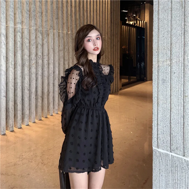 

Women Spring Summer Chiffon Jumpsuits 2020 Fashion Long Sleeves Mesh Transparent Sexy Playsuit Ruffled Overalls Casual Rompers