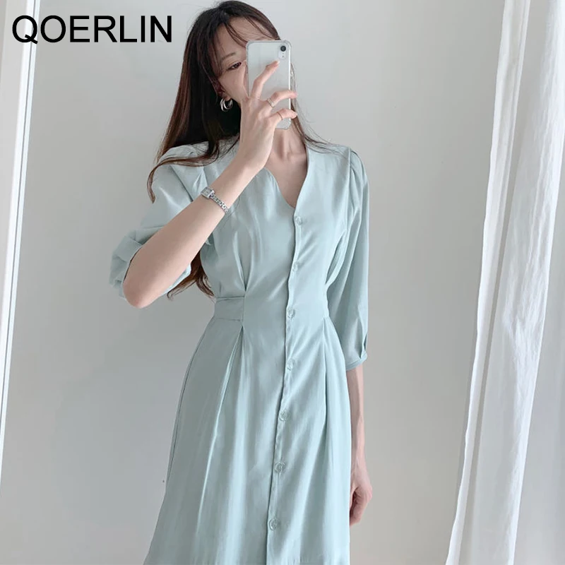 

QOERLIN Sashes Ruffles Trumpet Women Chic Blue Elegant Single-Breasted Buttons V-Neck Back Zipper Split Dress Ladies Mermaid