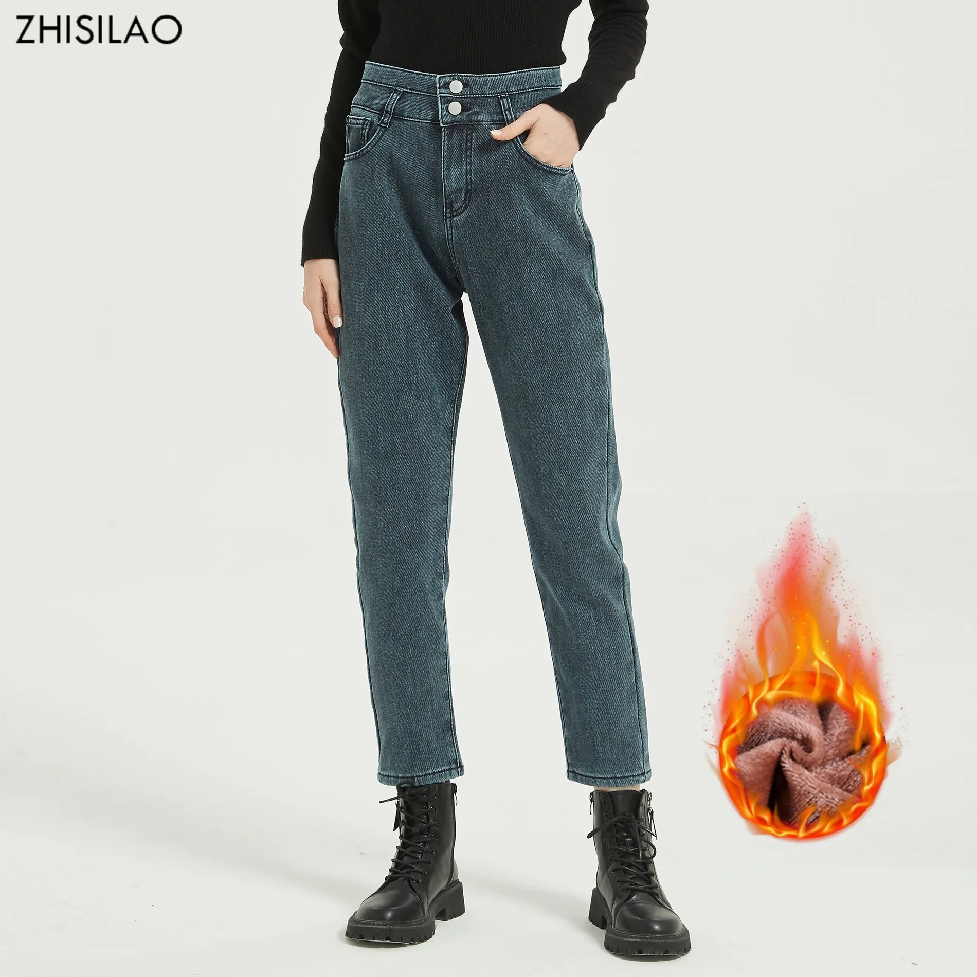 

ZHISILAO Winter Warm Thick Velvet Jeans 2021 Women High Waist Straight Jeans Fleece Slim Stretch Ladies Casual Denim Pants