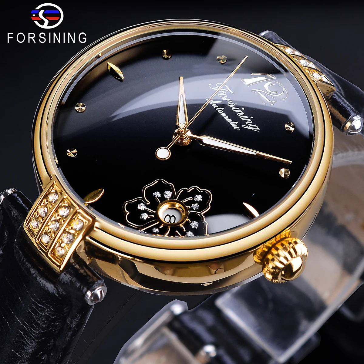 Часы наручные Forsining женские механические водонепроницаемые черные светящиеся с