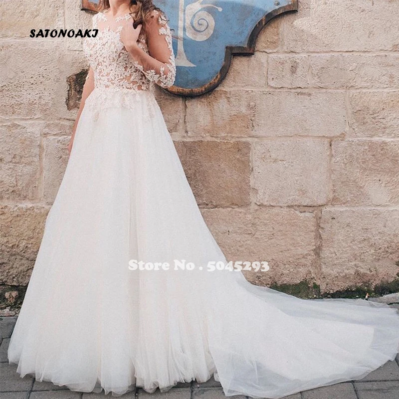 

Boho A-line Wedding Dress With Long Sleeves Illusion Robe De Mariee Appliques Covered Buttons Tulle Skirt Bridal Vestido Novia