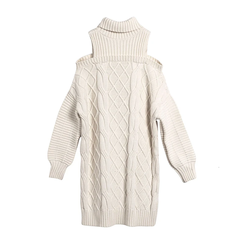 

GALCAUR Beige Sweater For Women Turtleneck Long Sleeve Off Shouder Loose Knitting Pullovers Sweaters Female 2020 Autumn Clothing