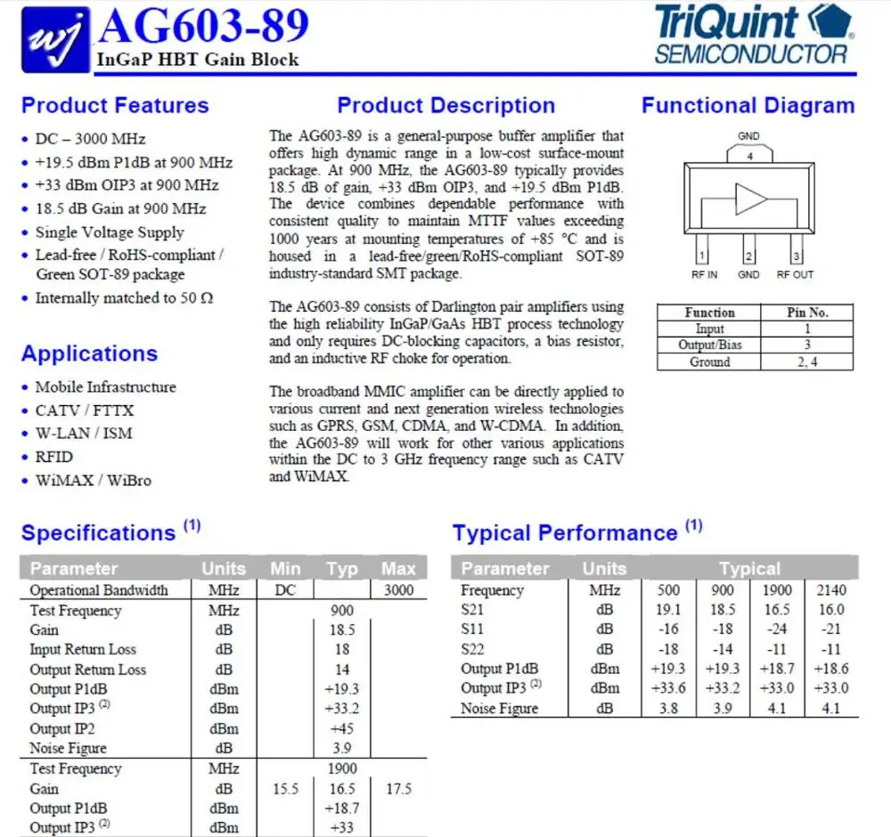 AG603 (LF 3000MHz получить 20dB) LNA высокочастотный широкополосный линейный усилитель