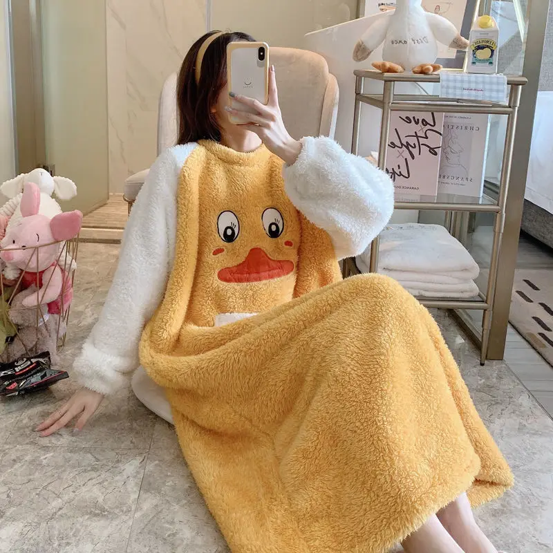 

Pajamas Pajamas Skirt Women's Autumn and Winter Coral Velvet Mid-length Pajamas Thickened Cute Large Size Home Wear Nightgown