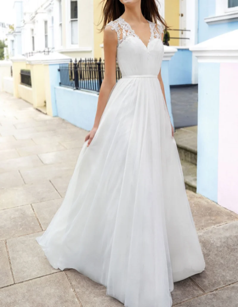 

Elegant Vestidos De Novia Beach Wedding Dresses 2021 A-Line V Neck Tulle Appliqued Cheap Bridal Gown Robe De Mariée