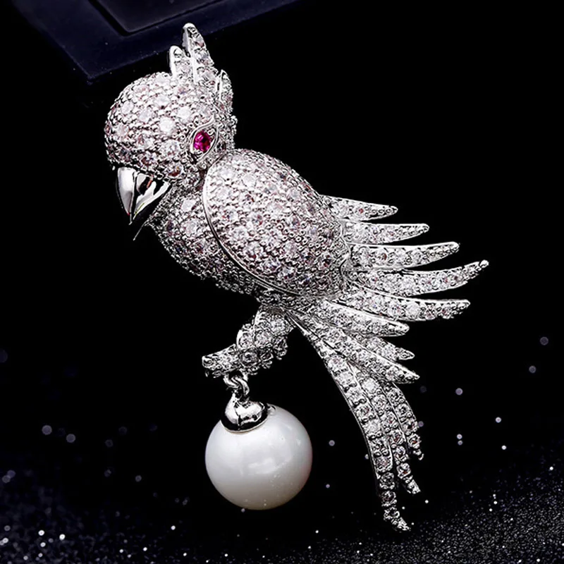 

Zlxgirl men's Cubic zircon copper brooches cute Birds Shape animal brooch accessory brand Dubai pearl scarf pins