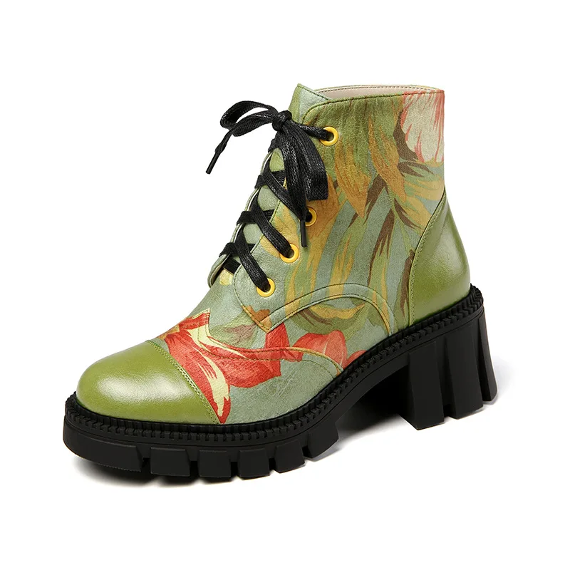 

Johnature Women Boots Lace-up 2021 New Winter Women Shoes Genuine Leather Round Toe Concise Hand-painted Ankle Platform Boots