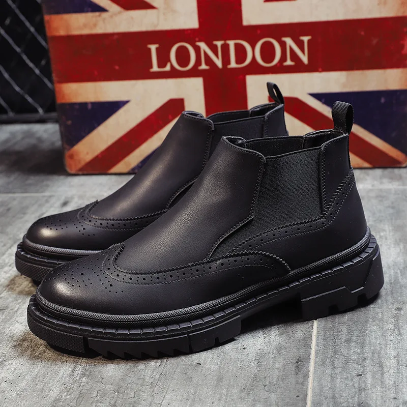

famous brand men casual chelsea boots black brogues shoes bullock platform boot handsome ankle botas hombre bottes homme sapatos