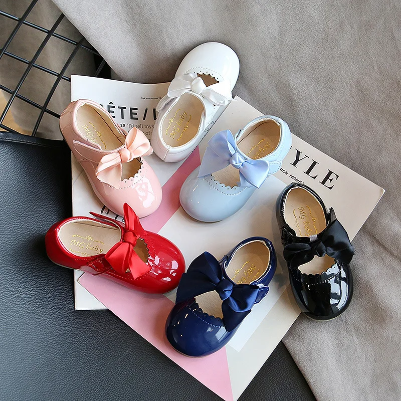 

Children's Candy Color Baby Shoes Soft Bottom 2021 Spring Smooth Leather Children Girl Shoes Princess Party Shoes Bow-tie D04203