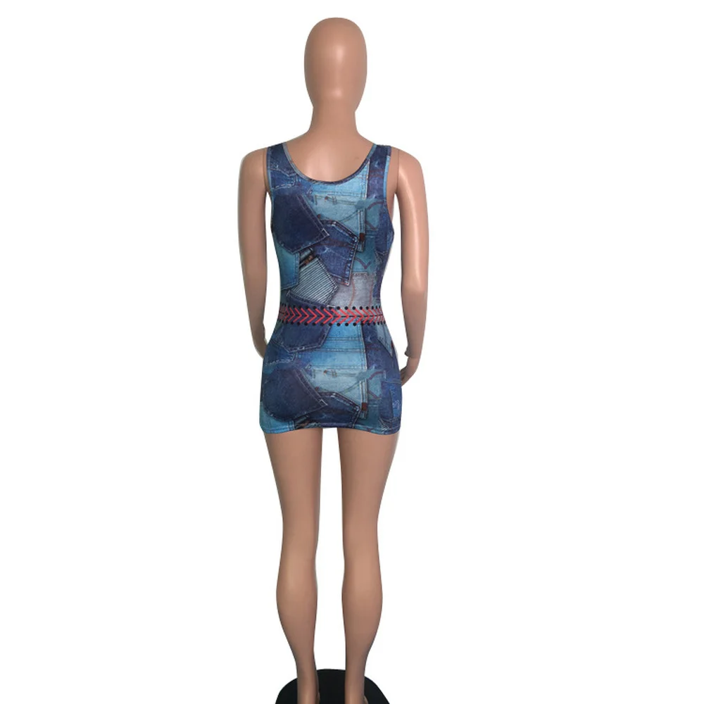 

Pattern Printed High Street Bandage Sheath Dress Women Sexy Low Cut Sleeveless Bodycon Dress Vintage Night Clubwear Party Dress