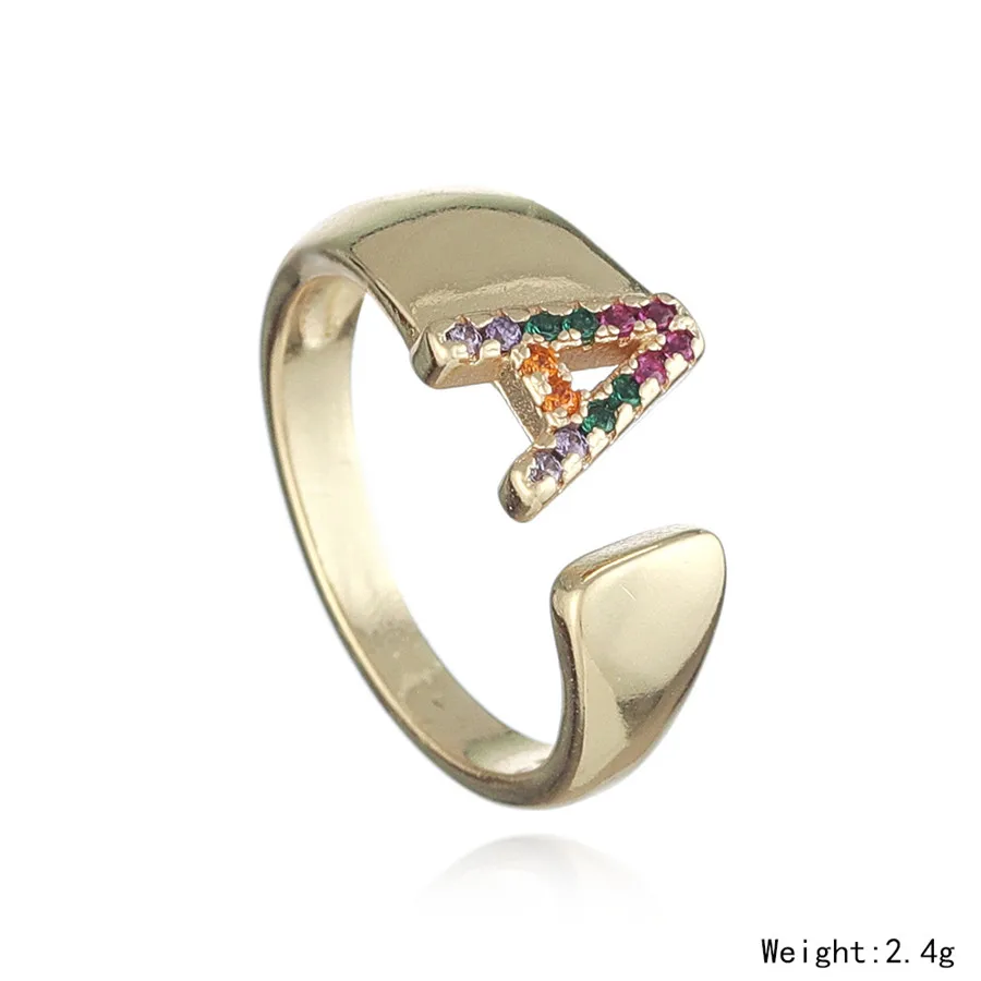 

2021 New Fashion Men Women Colorful Zircon 26 English Letters Adjustable Opening Ring Fashion Retro Party Opening Letter Ring