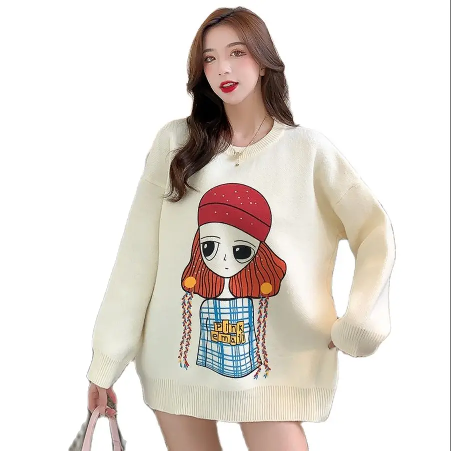 

Женский Длинный свитер с круглым вырезом, Свободный Повседневный трикотажный свитер с милым мультяшным принтом для девушек, Осень-зима