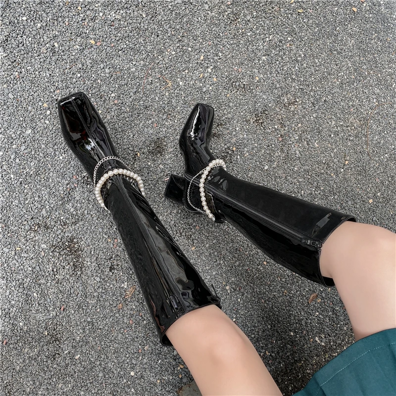 

VERCONAS Autunm Winter Popular Women Knee-High Boots Genuine Leather Long Shoes Pearl Chain Square Toe High Heels Boots Woman