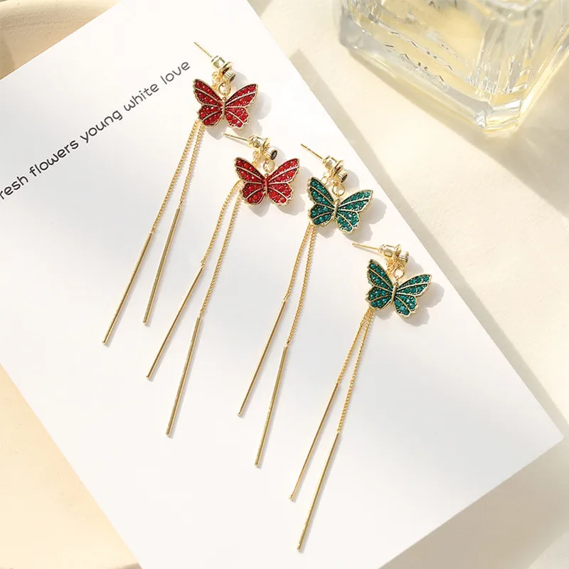 

FXLRY New Romantic Inlaid AAA Cubic Zirconiag Butterfly earrings Korean personality long fringed earrings For Women Jewelry
