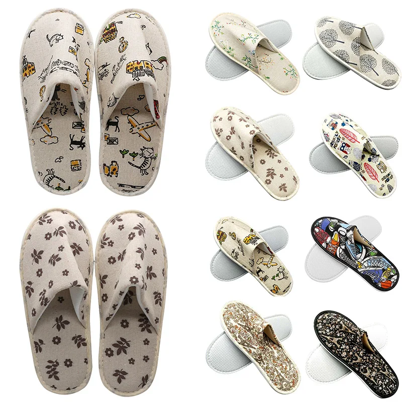 

2 Pairs Unisex Disposable Slippers Hotel Travel Spa Home Guest Flip Flops Cute Printed Linen Slippers Men Women Non-Slip Slides