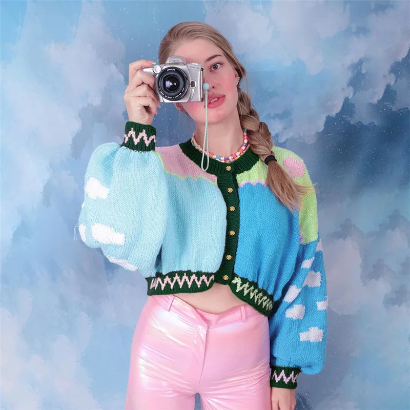 

2021 fashion designer sweater Women lantern long sleeve blue patchwork knitted sweater Autumn winter short cardigan sweaters