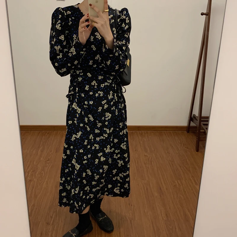 

Alien Kitty 2021 Gentle O-Neck Chic Loose Floral Printing Women Vestidoes Puff Sleeves Comfortable Retro New Long Dresses