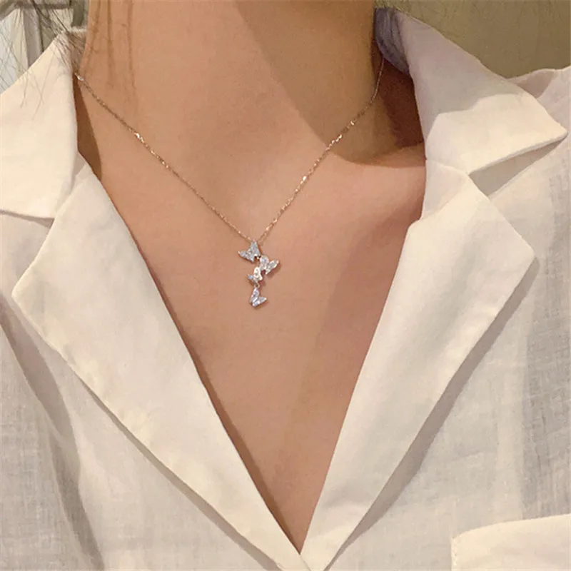 

925 Sterling Silver Link Chain Crystal Butterfly Necklaces & Pendants Choker Statement Necklace For Women Jewelry dz590