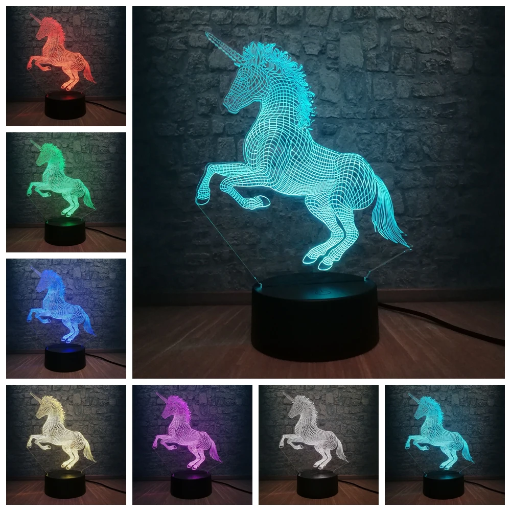 3D иллюзия ночные огни единорог модель USB трогательные светодиодные лампы дети