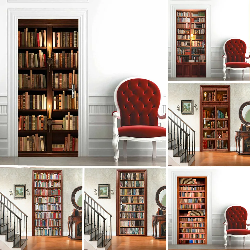 

Retro Bookcase Door Sticker Self Adhesive Wallpaper Door Vinyl Mural Removable Home Decoration Art PVC Wall Decal 3D Poster