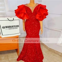 seuqins sparkly red prom dress mermaid 2021 short sleeves aso ebi formal evening party gowns robes de cocktail