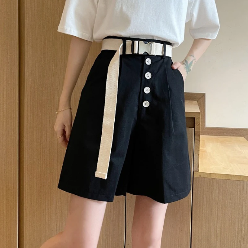 

JMPRS Cargo Women Shorts High Waist Summer Wide Leg Shorts Korean Belt Solid Fashion Single Breasted Casual White Black Shorts