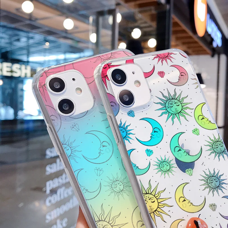 

Transparent TPU soft Silicone Phone Cover Case For iPhone 6 6S 7 8 PLUS X XS XR 11 Pro Max SE 2020 Color Moon & Sun star Pattern