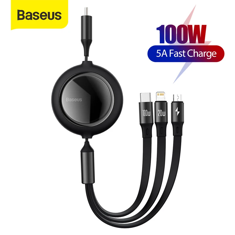 

Baseus 100W USB C Quick Charge For iPhone 12 Type C 3 in 1 PD Fast Charge For Macbook Pro Samsung Data Cable 1.2m Retractable