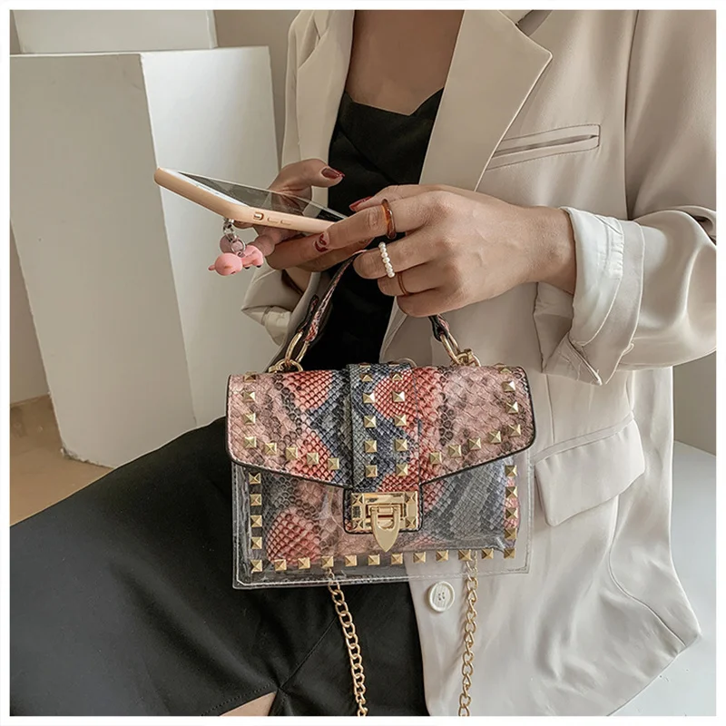 

Luxury Brand Ladies Tote Bag Women 2021 New Personalized Transparent Rivet Fashion Two In One Crossbody Bag Chain Shoulder Bag