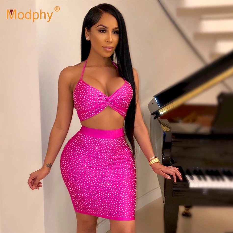 2019 New Women'S Beaded 2 Two-Piece Bandage Dress Sexy Sleeveless Halter Crystal Bodycon Mini Club Party Vestidos | Женская одежда