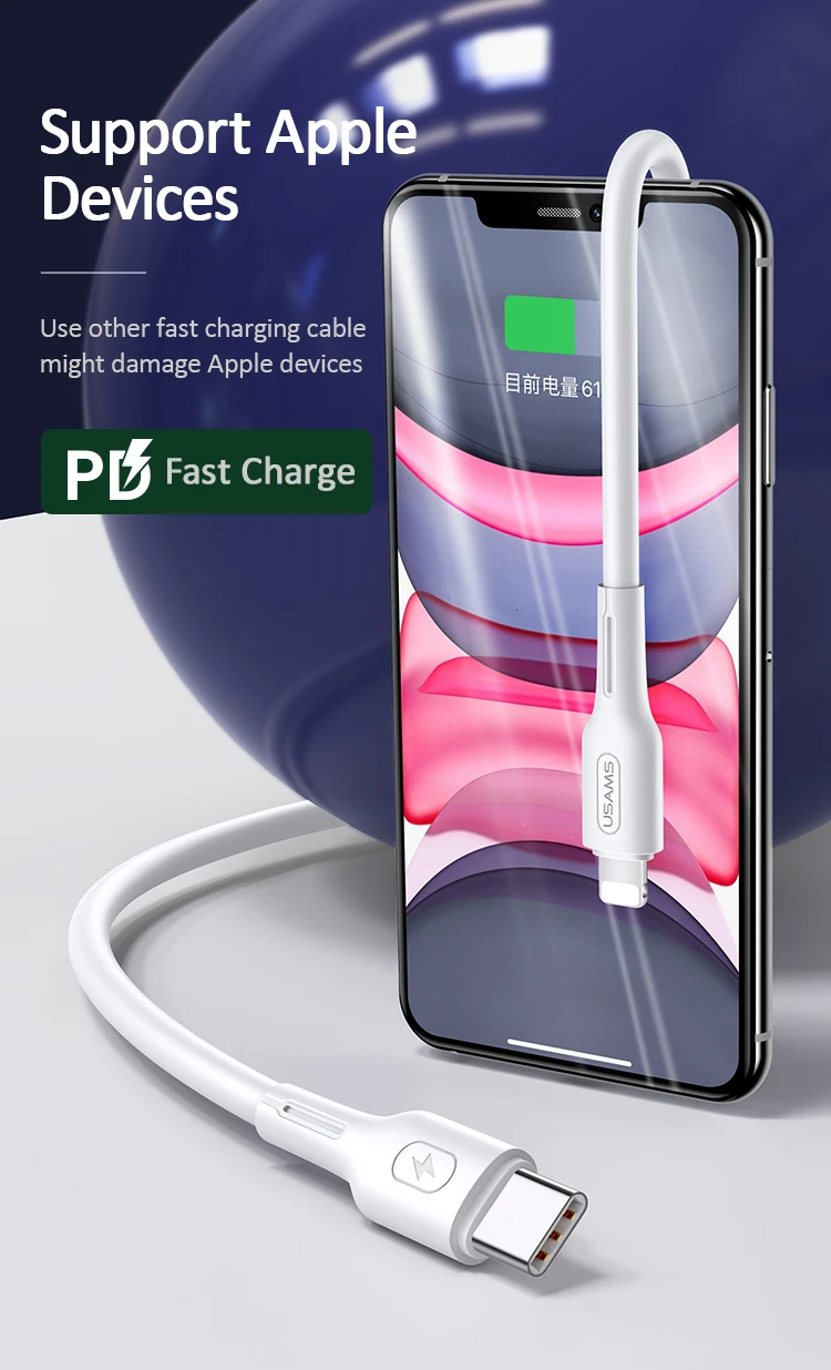 USAMS для usb c к Lightning зарядный кабель для iPhone xs max xr 8 7 6s plus 5S 11 apple ipad pro быстрое зарядное устройство pd кабель