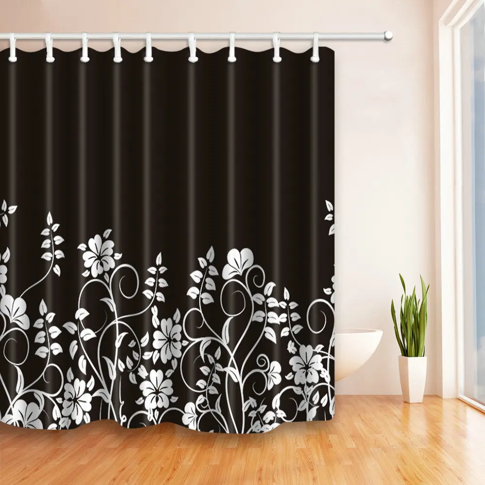 

Black White Flower Shower Curtains Bathroom Curtain Waterproof 3D Print Modern Bath Curtain Polyester Fabric 12 Hooks 180*180cm