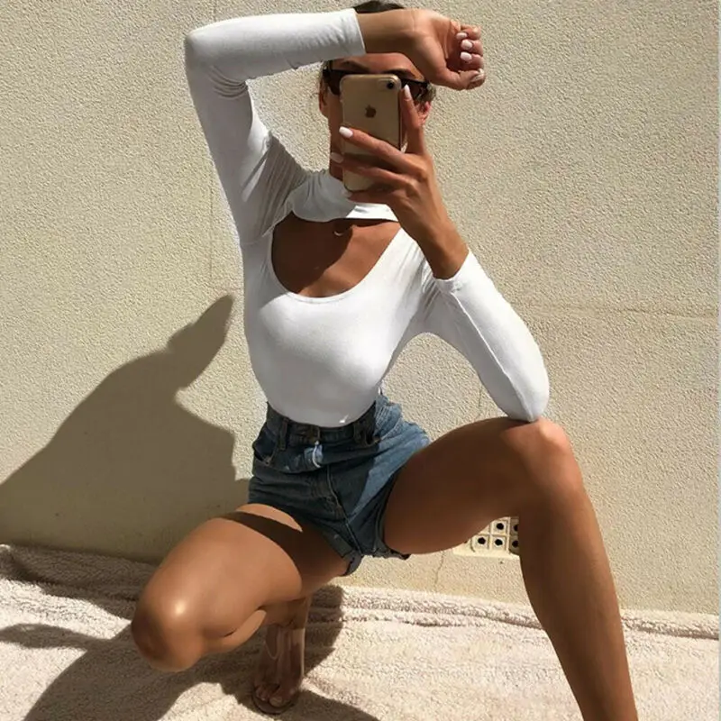 

Sexy Womens Bodysuit Fashion Solid Color Long Sleeve Shirt Romper Slim Hollow Out Bodysuit Stretch Leotard Top Blouse Jumpsuit