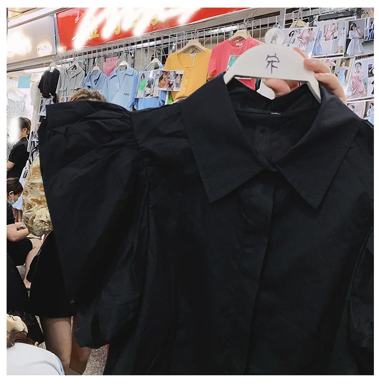 

2021 Summer French Style Elegant Chic Ladies Top Retro Design Puff Sleeve Lapel Short Blouses Western Fashion Button Up Shirt