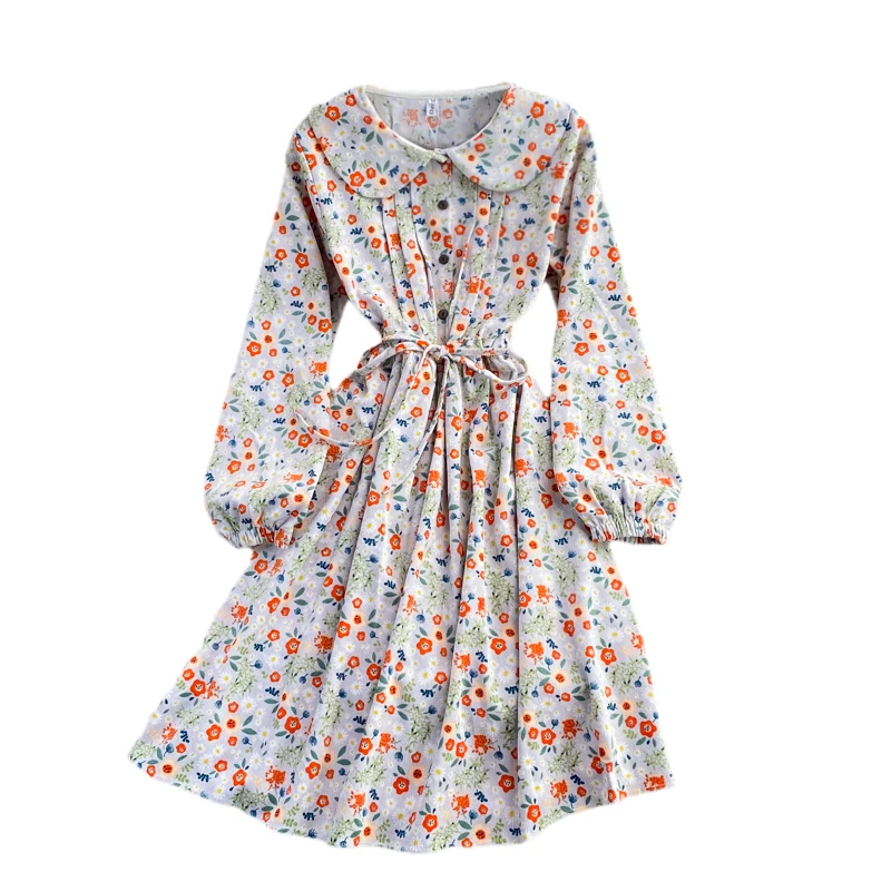 

Женское вельветовое платье с длинным рукавом, платье с воротником «Питер Пэн» и цветочным принтом, Новинка для весны и осени
