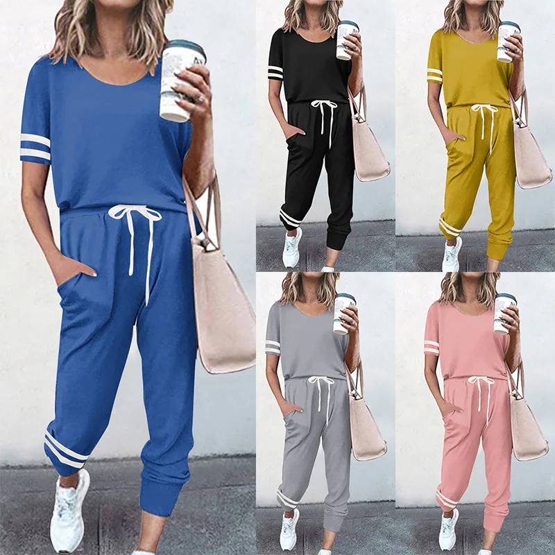 

Женские брюки в полоску, повседневные контрастные брюки с коротким рукавом, костюм из двух предметов, модная спортивная футболка с круглым ...