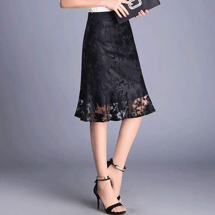 

2020 Summer Spring Womens High Waisted Ruffled Black Lace Trumpet Skirt , Office Lady Woman 4xl Slim Mermaid Skirts