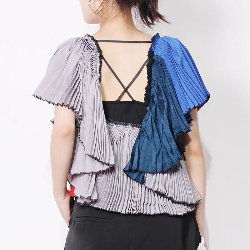 

TWOTWINSTYLE Hit Color Pleated Shirt For Women Square Collar Patchwork Ruffle Short Blouse Female Fashion New Clothing Summer