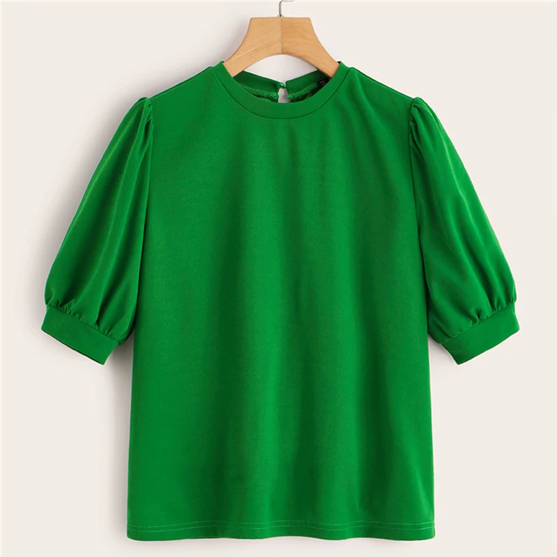 Женский Повседневный однотонный топ с вырезом на спине зеленая блузка пышными