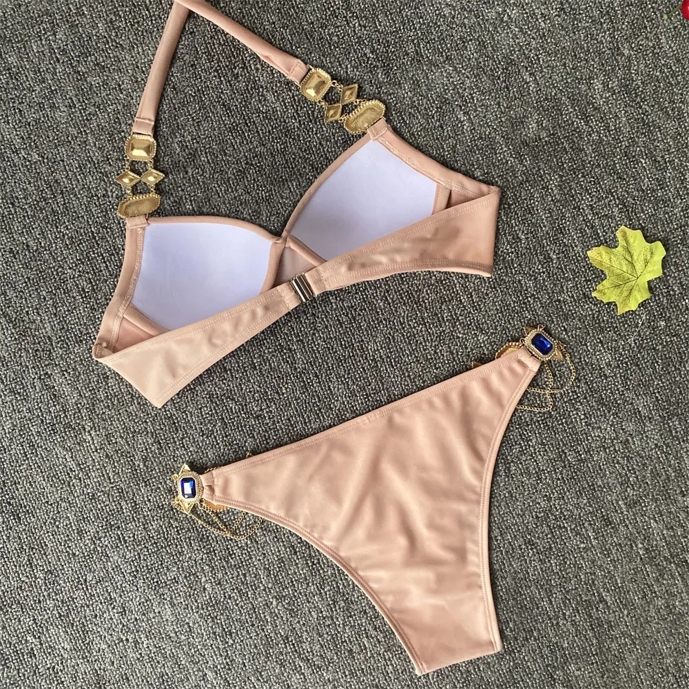 

Sexy Solid Bikini 2020 Women Black Halter Rhinestone Bathing Suit Thong Swimsuit Beach Metal Chain Diamond Swimwear Biquini
