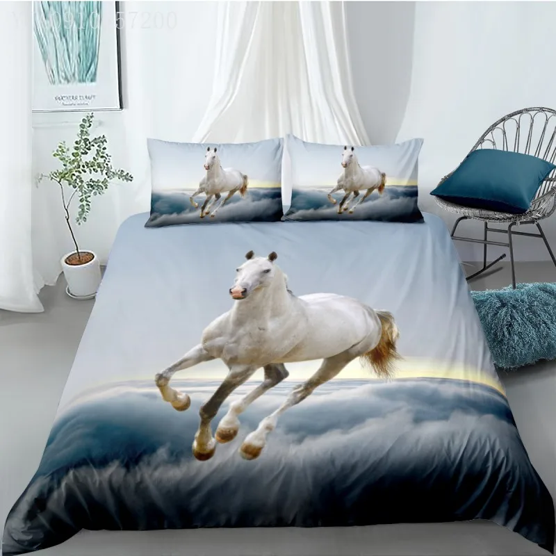 

3D Digital Printing Duvet Cover White Horse Running Bedroom Bedding Sets and Pillowcase Luxury Adults Home Textiles Free Ship