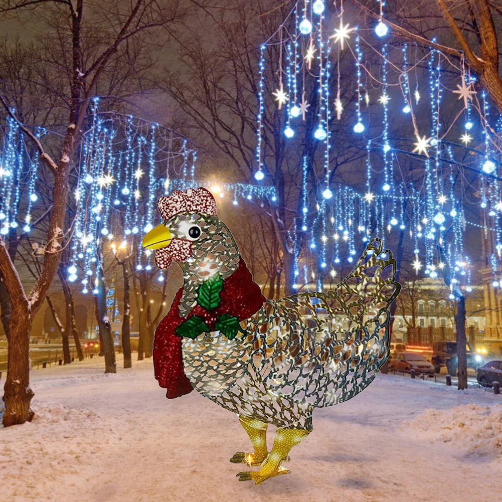 

Light-Up Chicken with Scarf Night Light LED Iron Christmas Ornaments Patio Yard Garden Art Sculpture for Lawn Corridor Courtyard