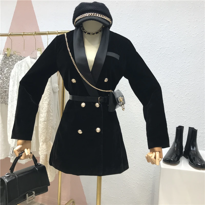 2020 темпераментное двубортное ретро Тонкое бархатное платье | Женская одежда