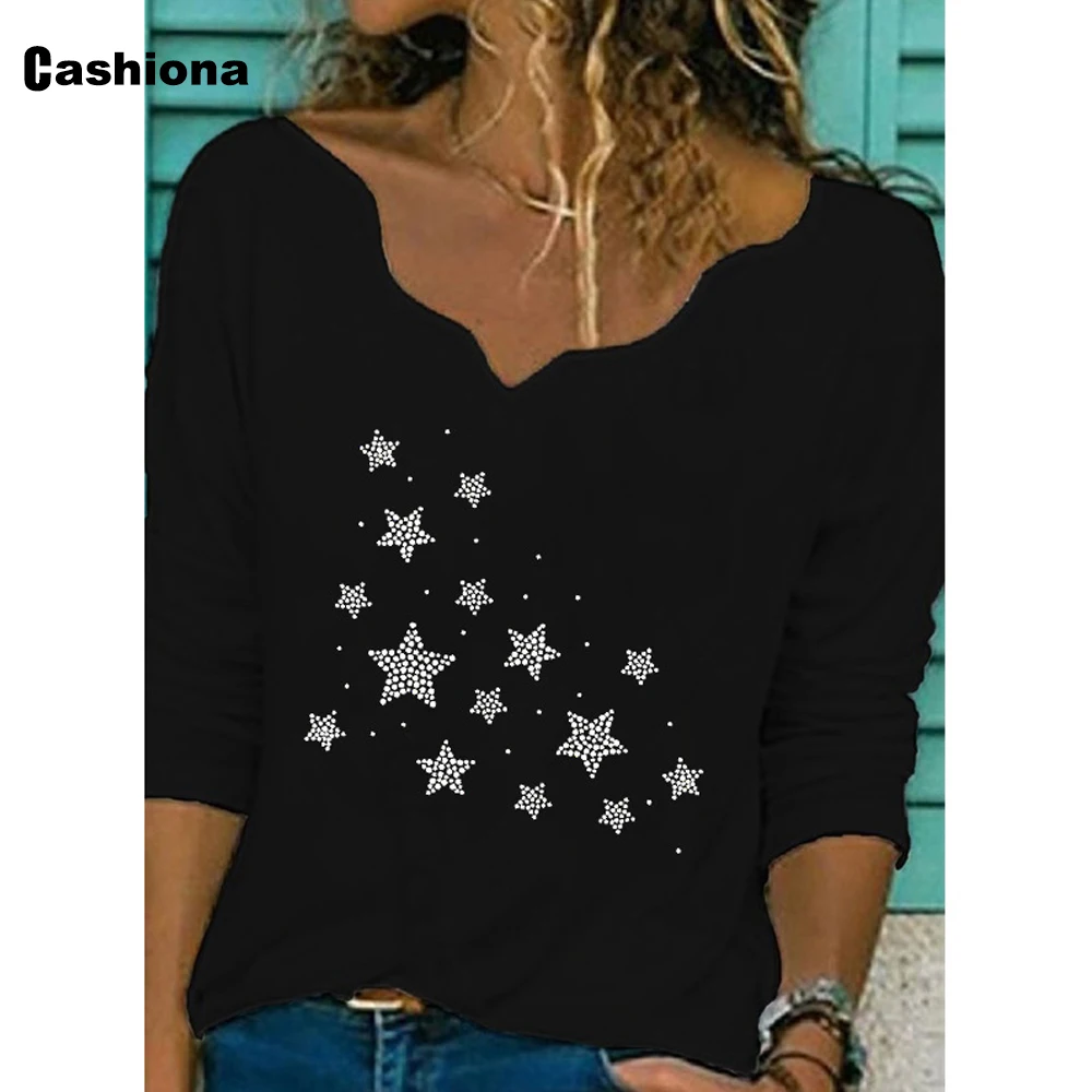 

Plu Size 3xl Women Elegant Leisure Casual T shirt Diamonds Women's Top Fashion 2020 Spring Autumn V-neck Loose Tees shirt Femme