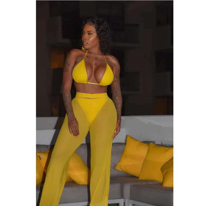 

Meihuida Sexy Women Beach Mesh Pants Sheer Lace Transparent See through Wide Leg Loose Trousers Bikini Cover Up