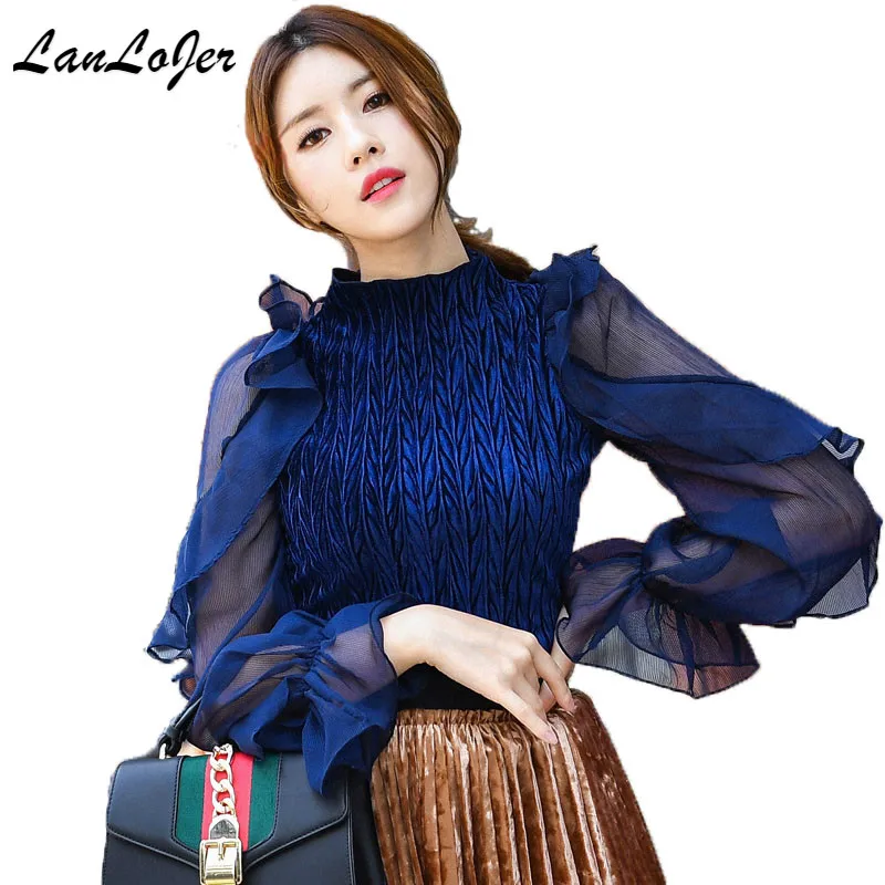 Блузка женская прозрачная из сетчатой ткани с длинным рукавом|chiffon blouse|shirt rufflefold