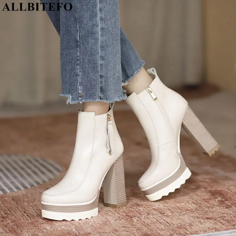 

ALLBITEFO Fashion Casual Real Genuine Leather Motocycle Boots Thick Bottom Waterproof Platform Super High Heel Shoes Women Boots
