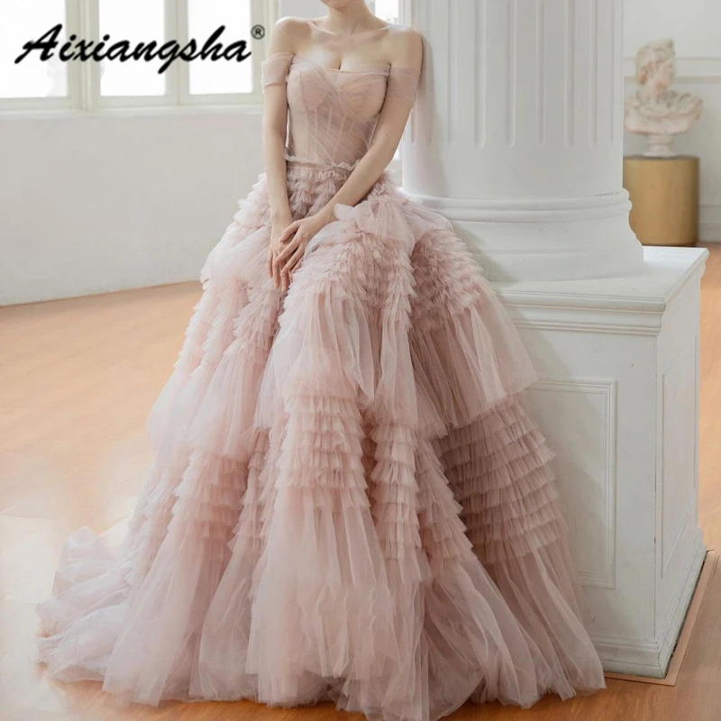Aixiangsha Smoky Pink Evening Dresses Cake Tiered Off The Shoulder Celebrity Princess Gowns See Through New Arrival
