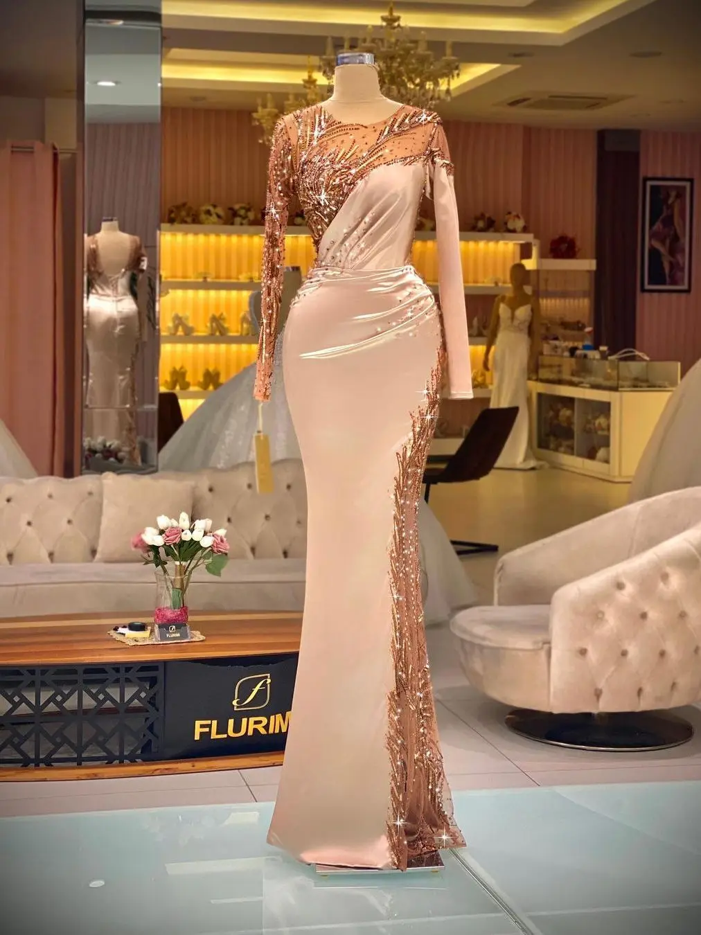 

Gorgeous Pink Beaded Mermaid Prom Dresses Sequined Long Sleeve Luxury Formal Evening Gowns For Arabic Women Vestidos